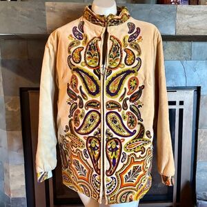 60s Mod Mr Dino Cotton Velvet Camel Purple Paisley Quilted Puffer Jacket M-L